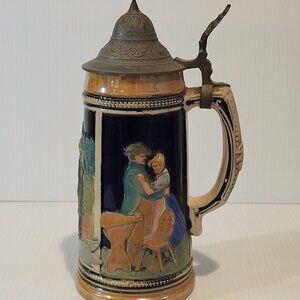 Vintage German Beer Stein Pewter Lid 8.5 in Tall Hand Painted Couple 0.5 L